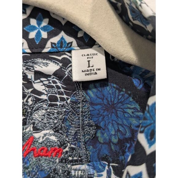 New! Robert Graham Mens Blue Black Cyber Grunge Skulls Floral Button Up Shirt, L - Picture 8 of 9